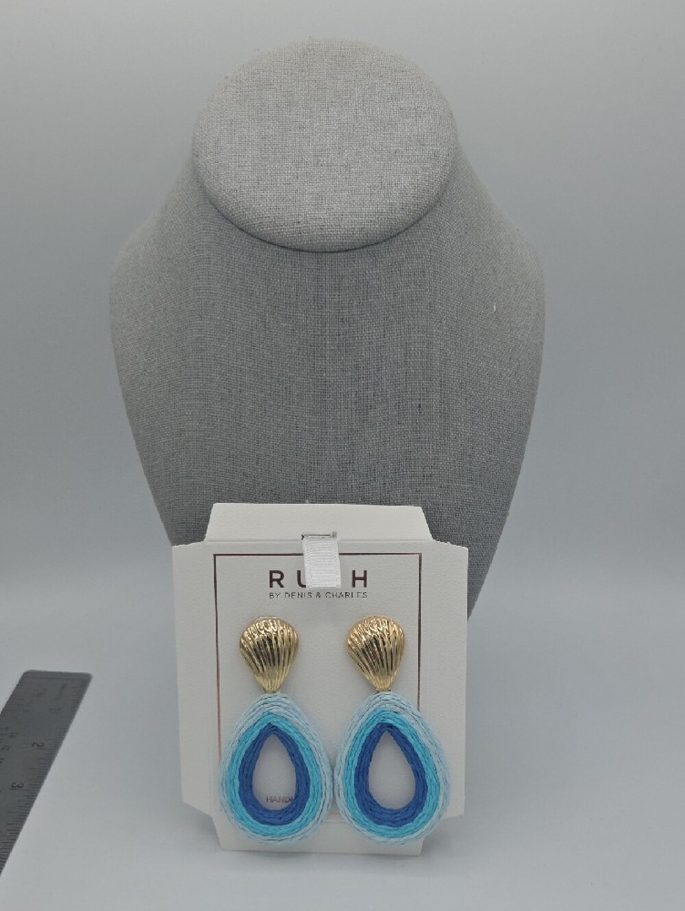 5 for $25! RUSH by Denis & Charles Blue Teardrop Raffia Drop Earrings - Picture 2 of 5
